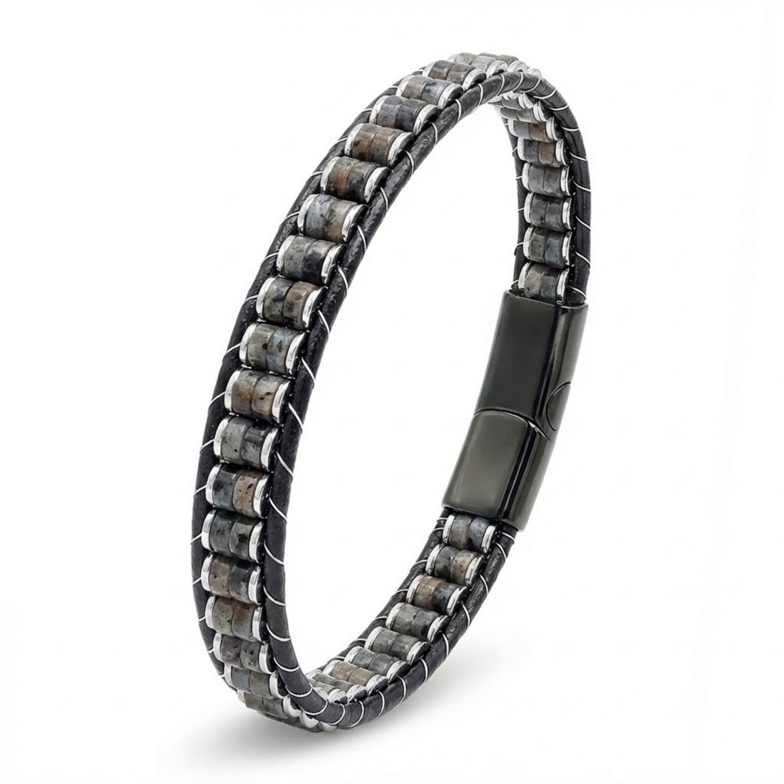 Spektrolit & Hematit Çelik Örgülü Deri Bileklik