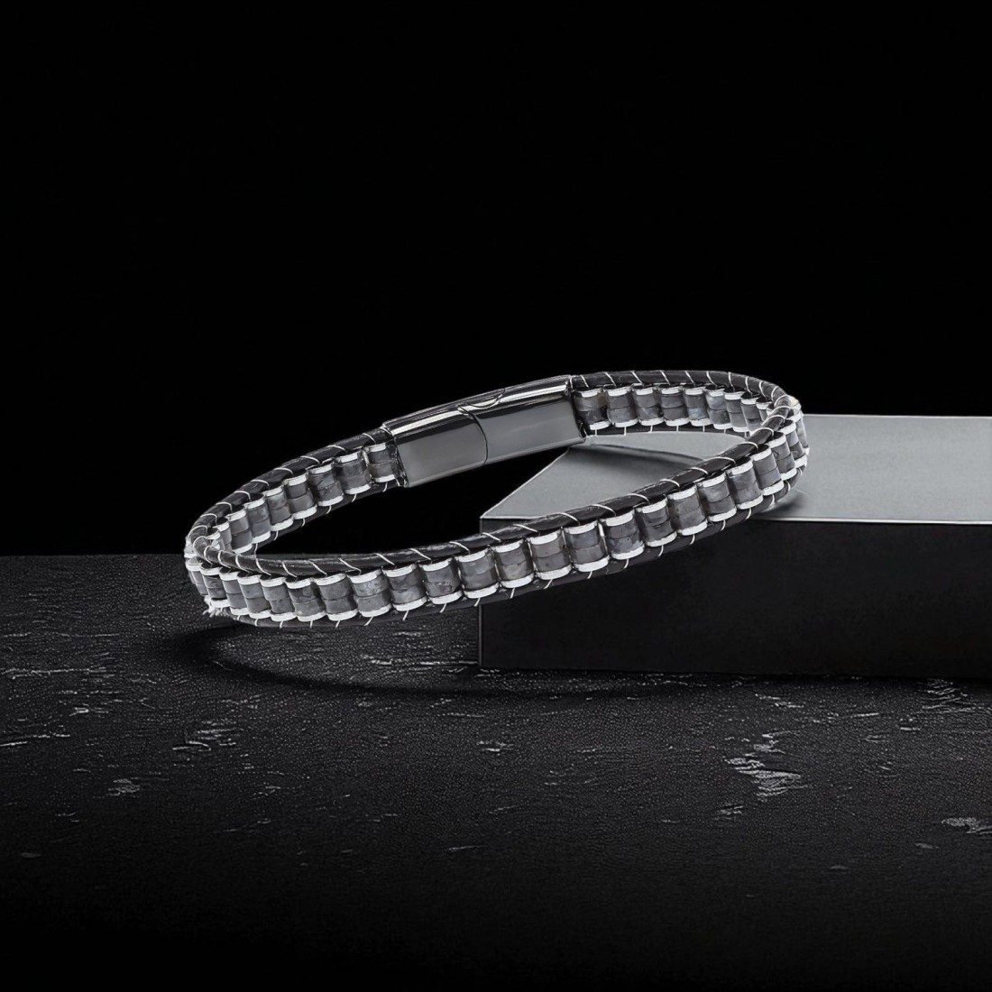 Spektrolit & Hematit Çelik Örgülü Deri Bileklik