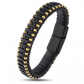 Syah Deri Ve Sarı Damla Çelik Zincirli Bileklik