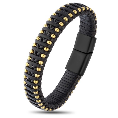 Syah Deri Ve Sarı Damla Çelik Zincirli Bileklik