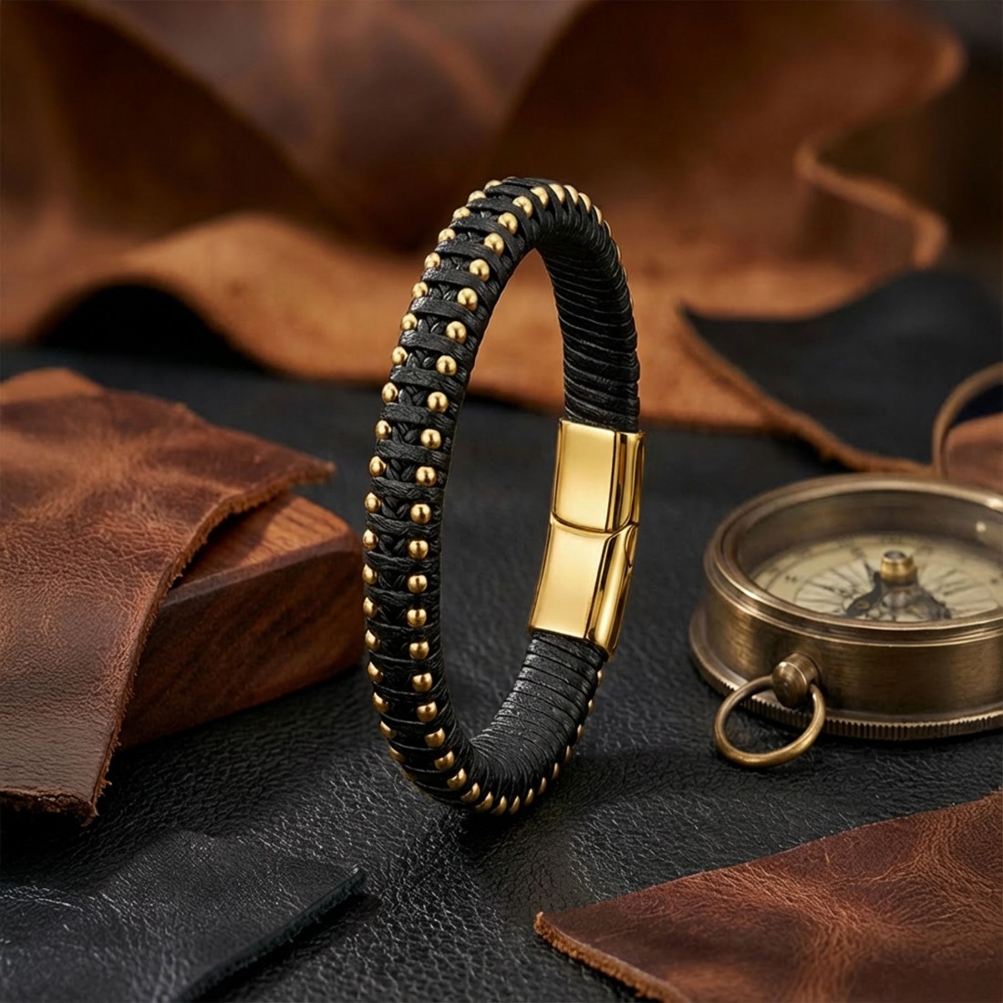 Syah Deri Ve Sarı Damla Çelik Zincirli Bileklik