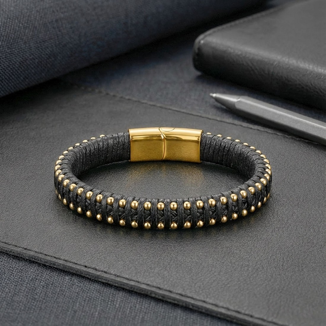 Syah Deri Ve Sarı Damla Çelik Zincirli Bileklik