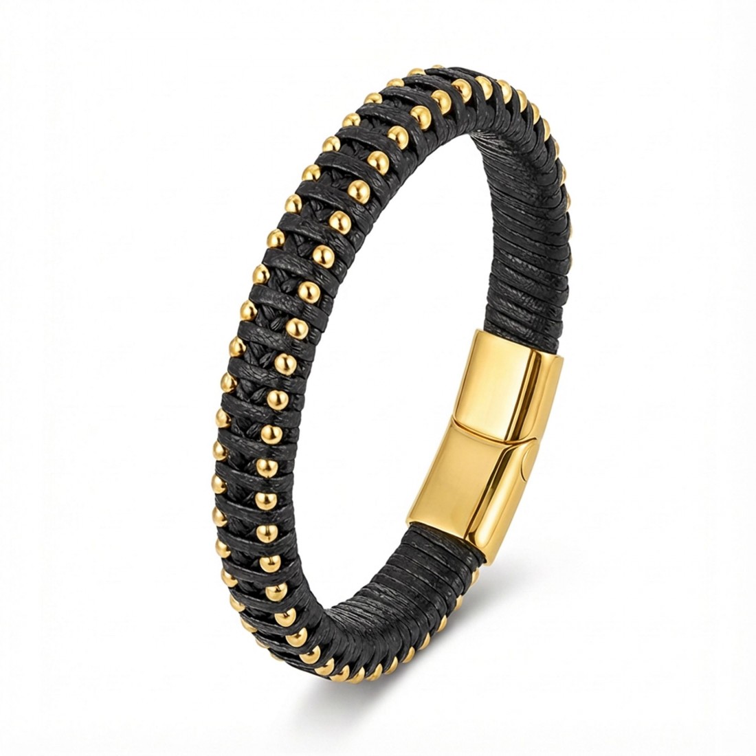 Syah Deri Ve Sarı Damla Çelik Zincirli Bileklik