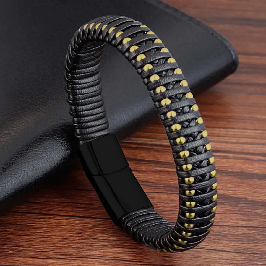 Syah Deri Ve Sarı Damla Çelik Zincirli Bileklik