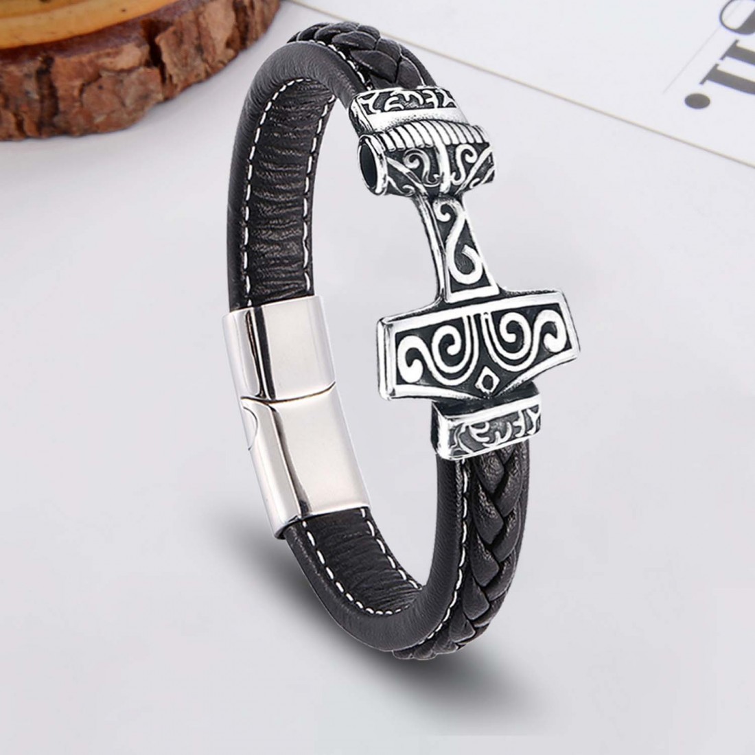 Thors Hammer Çelik Ve Deri Bileklik