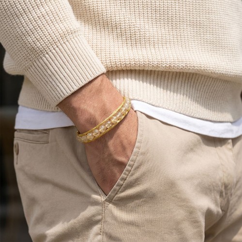 Titanyum Kilitli Sitrin Doğaltaş ve 316L Çelik Halat Örme Erkek Bileklik