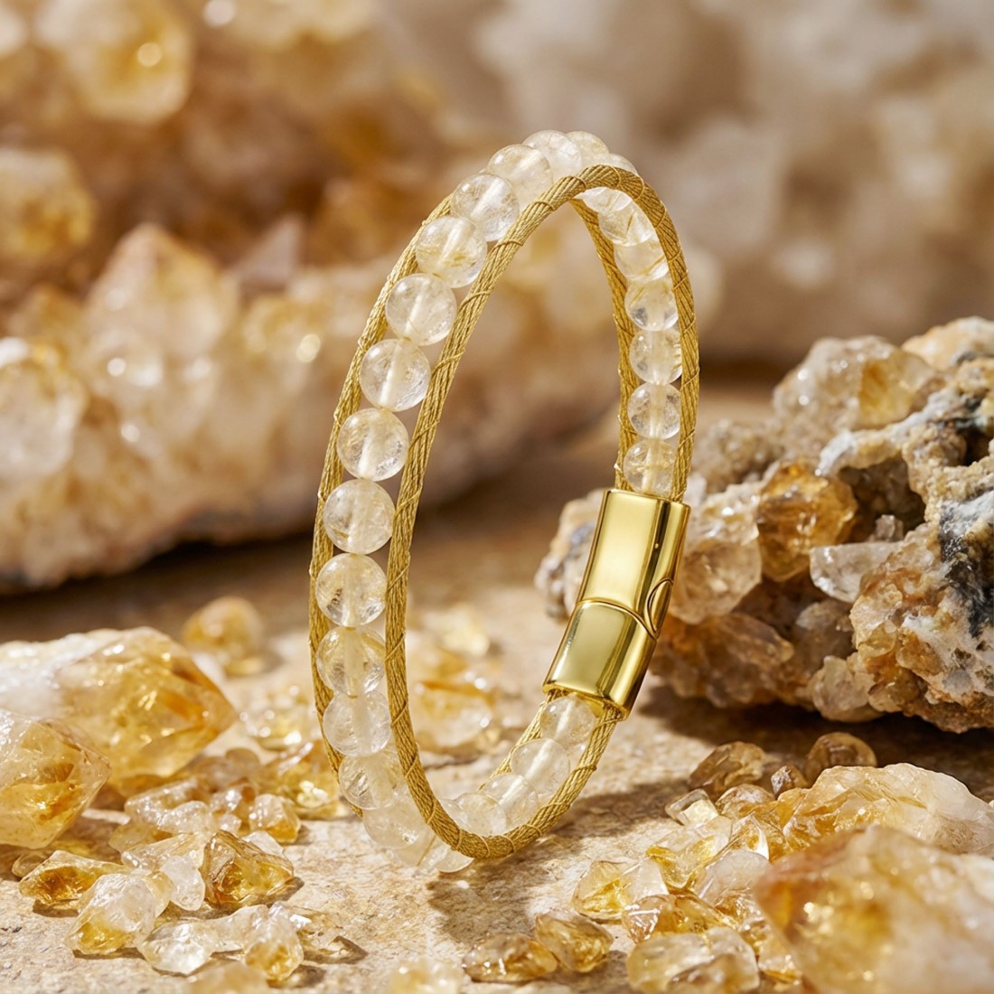 Titanyum Kilitli Sitrin Doğaltaş Ve 316L Çelik Halat Örme Erkek Bileklik