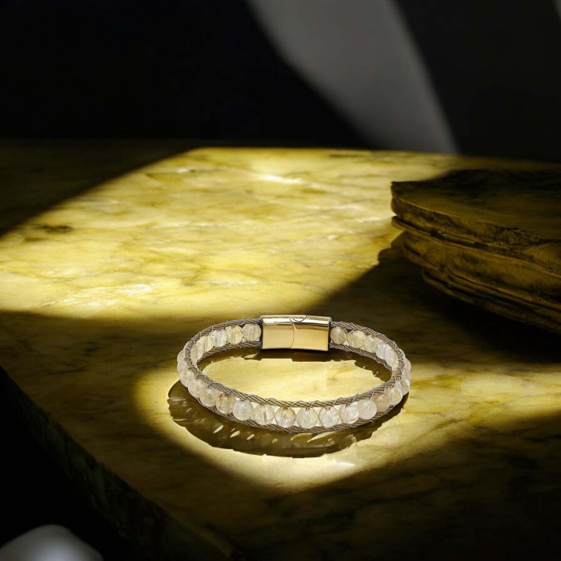 Titanyum Kilitli Sitrin Doğaltaş Ve 316L Çelik Halat Örme Erkek Bileklik