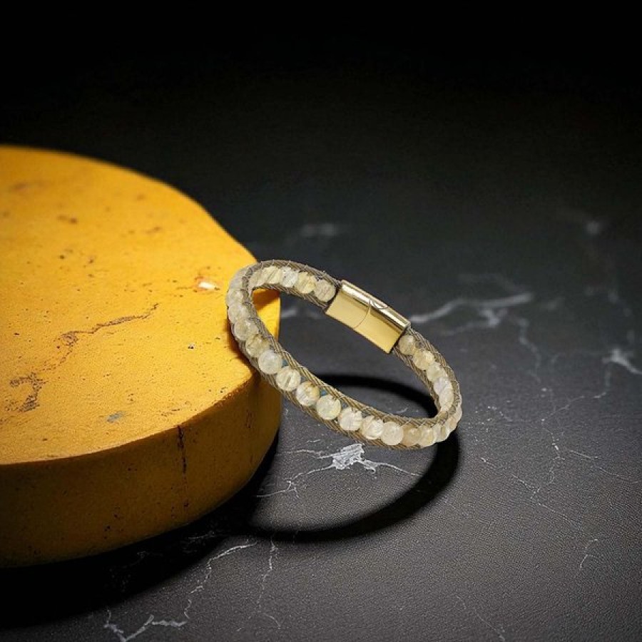 Titanyum Kilitli Sitrin Doğaltaş Ve 316L Çelik Halat Örme Erkek Bileklik