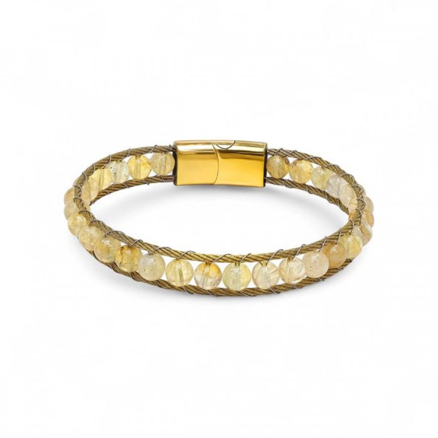 Titanyum Kilitli Sitrin Doğaltaş Ve 316L Çelik Halat Örme Erkek Bileklik