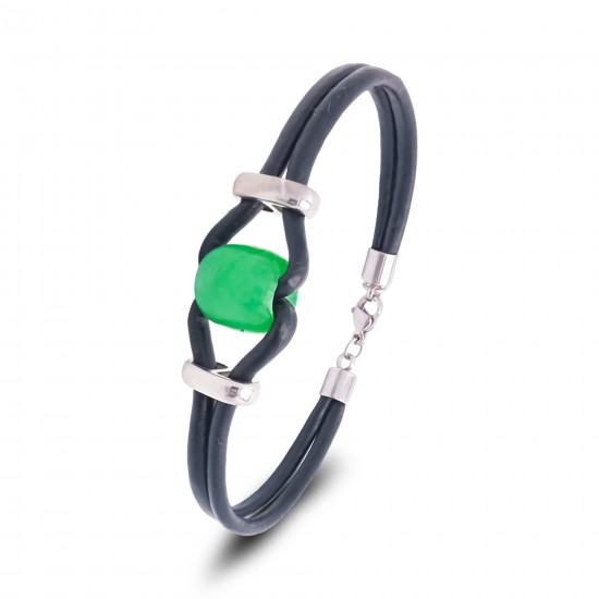Green Agate Natural Stone Leather and Steel Lock Men's Bracelet