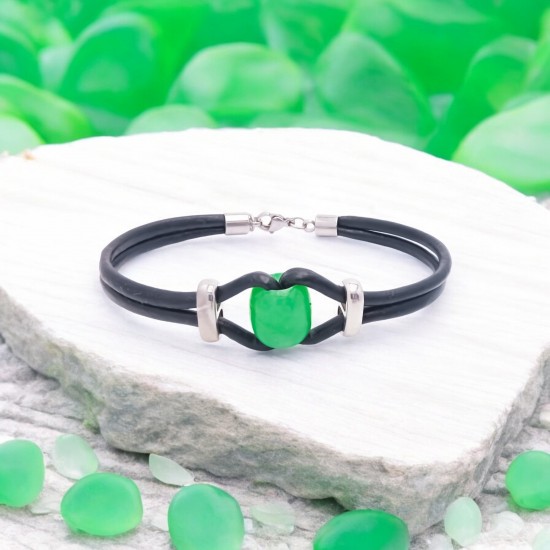 Green Agate Natural Stone Leather and Steel Lock Men's Bracelet
