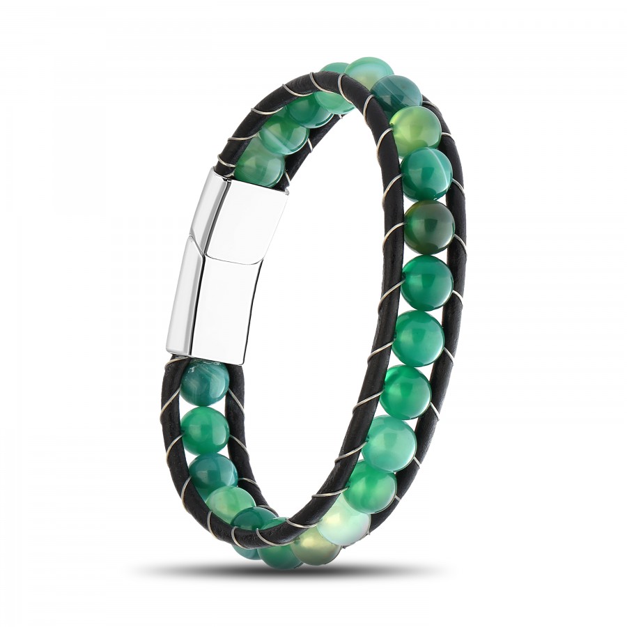 Yeşil Akik Doğaltaş Deri Bileklik