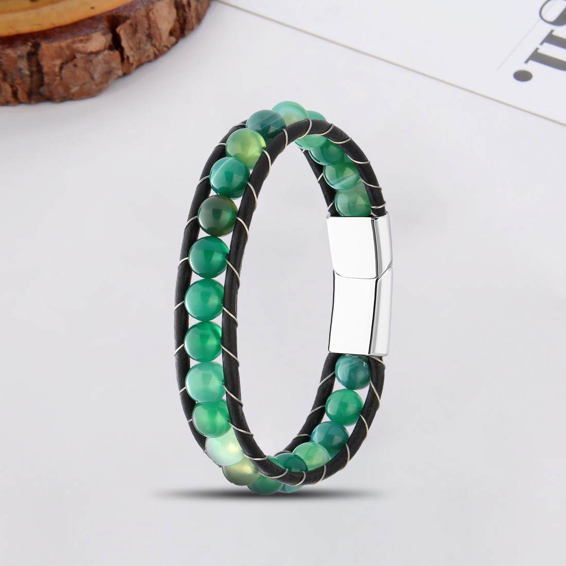 Yeşil Akik Doğaltaş Deri Bileklik