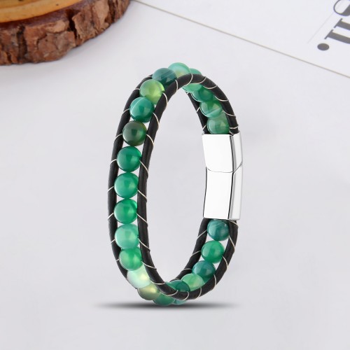 Yeşil Akik Doğaltaş Deri Bileklik