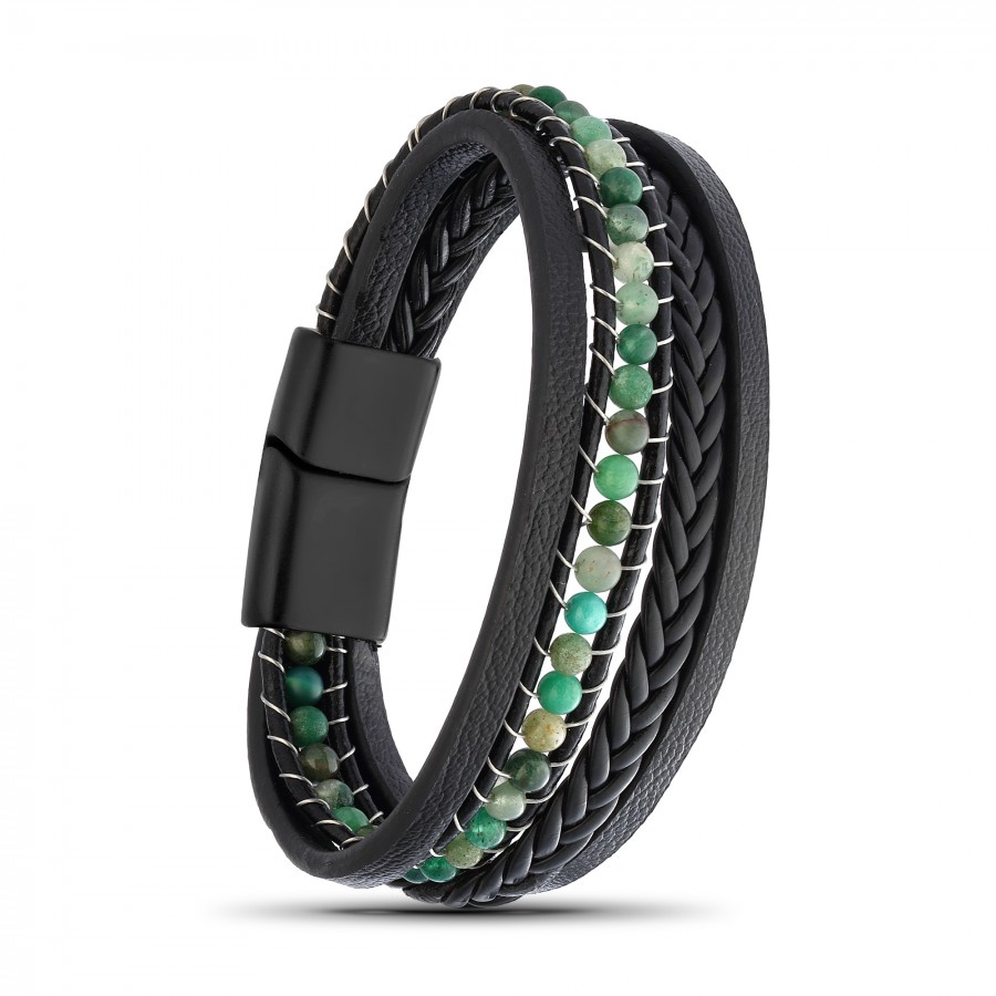 Yeşil Akik Doğaltaş Ve Deri Bileklik