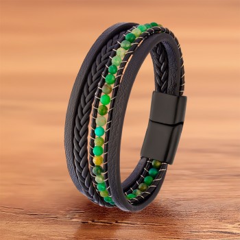 Yeşil Akik Doğaltaş Ve Deri Bileklik