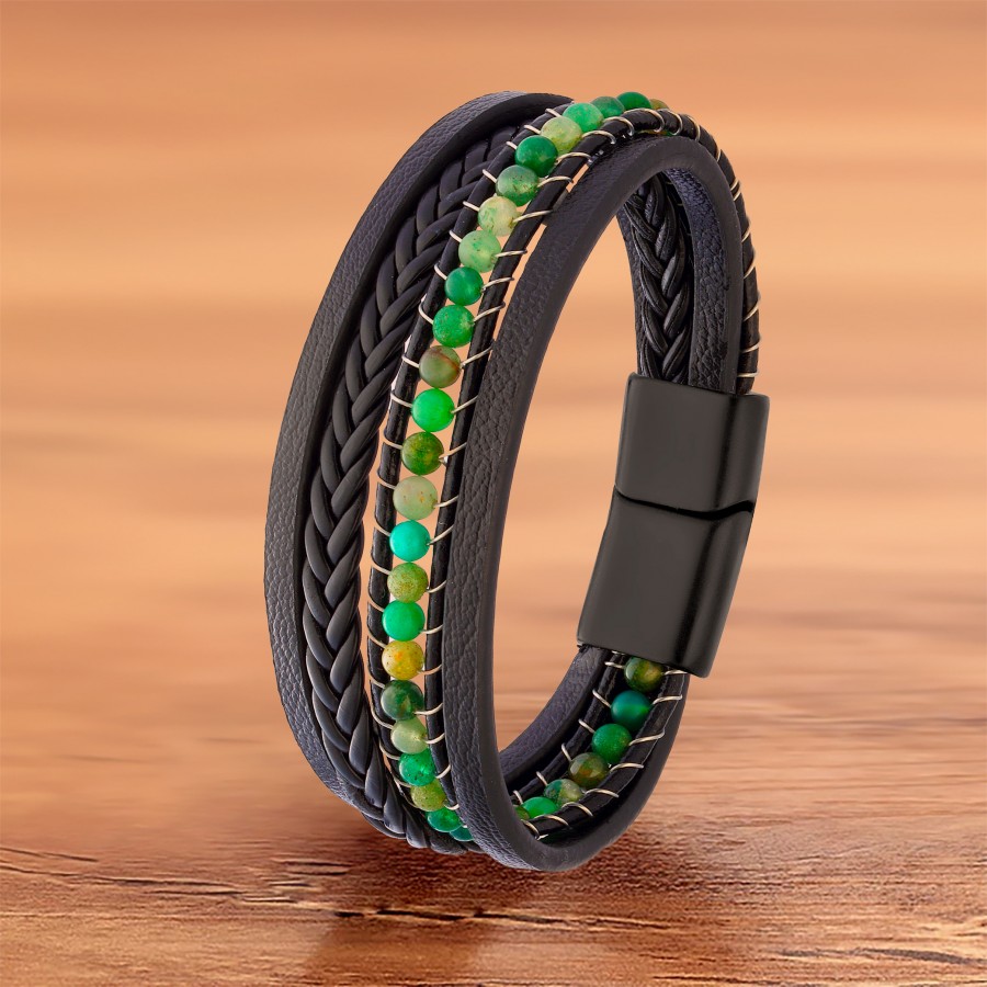 Yeşil Akik Doğaltaş Ve Deri Bileklik