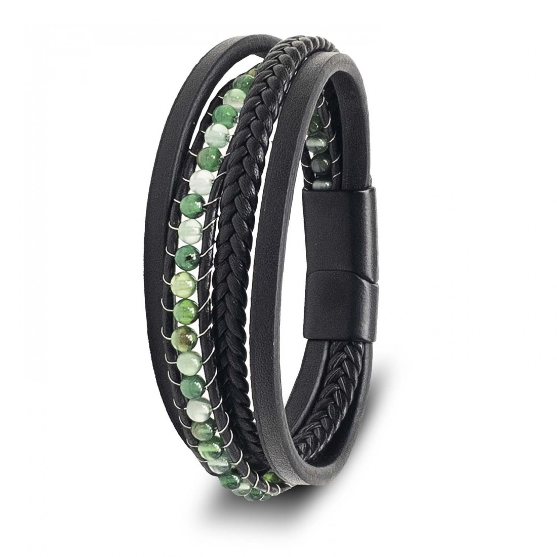 Yeşil Akik Doğaltaş Ve Siyah Çoklu Deri Bileklik