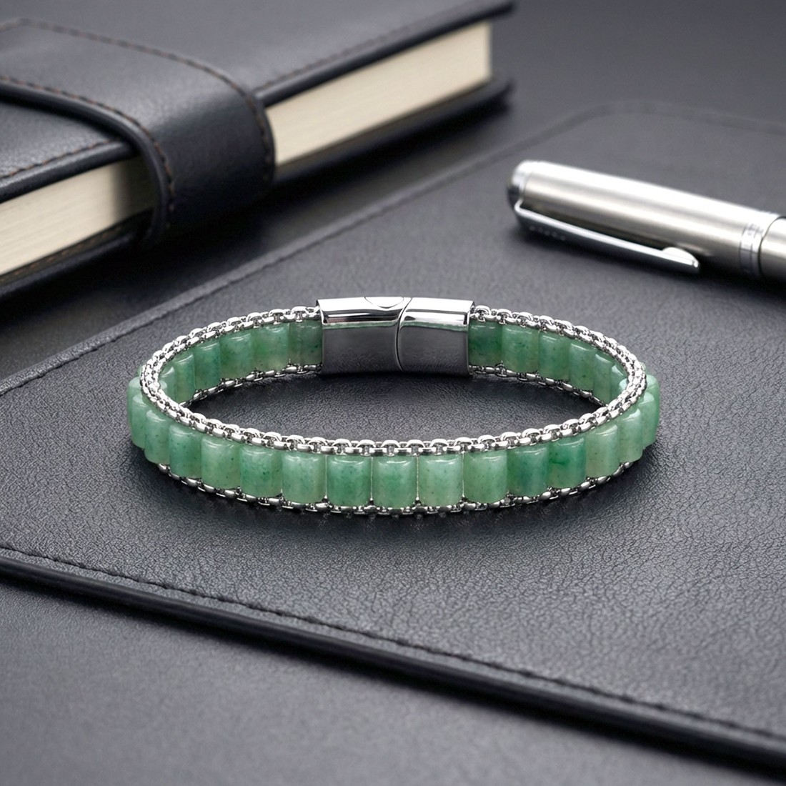 Yeşil Aventurin Doğal Taşlı Hasır Örgü Zincirli Erkek Çelik Bileklik
