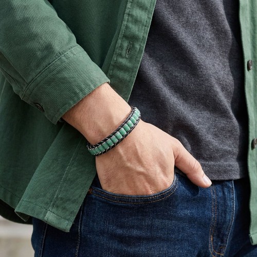 Yeşil Aventurin & Hematit Çelik Örgülü Deri Bileklik