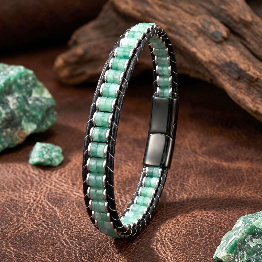 Yeşil Aventurin & Hematit Çelik Örgülü Deri Bileklik