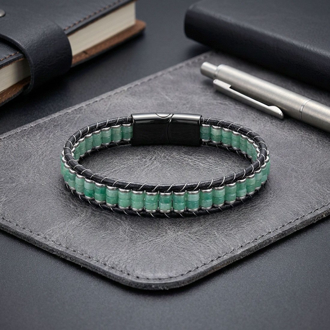 Yeşil Aventurin & Hematit Çelik Örgülü Deri Bileklik