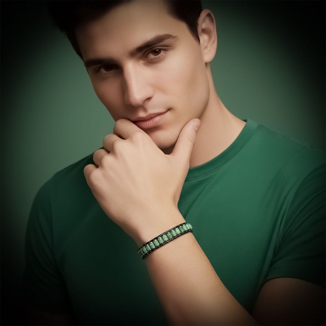 Yeşil Aventurin & Hematit Çelik Örgülü Deri Bileklik