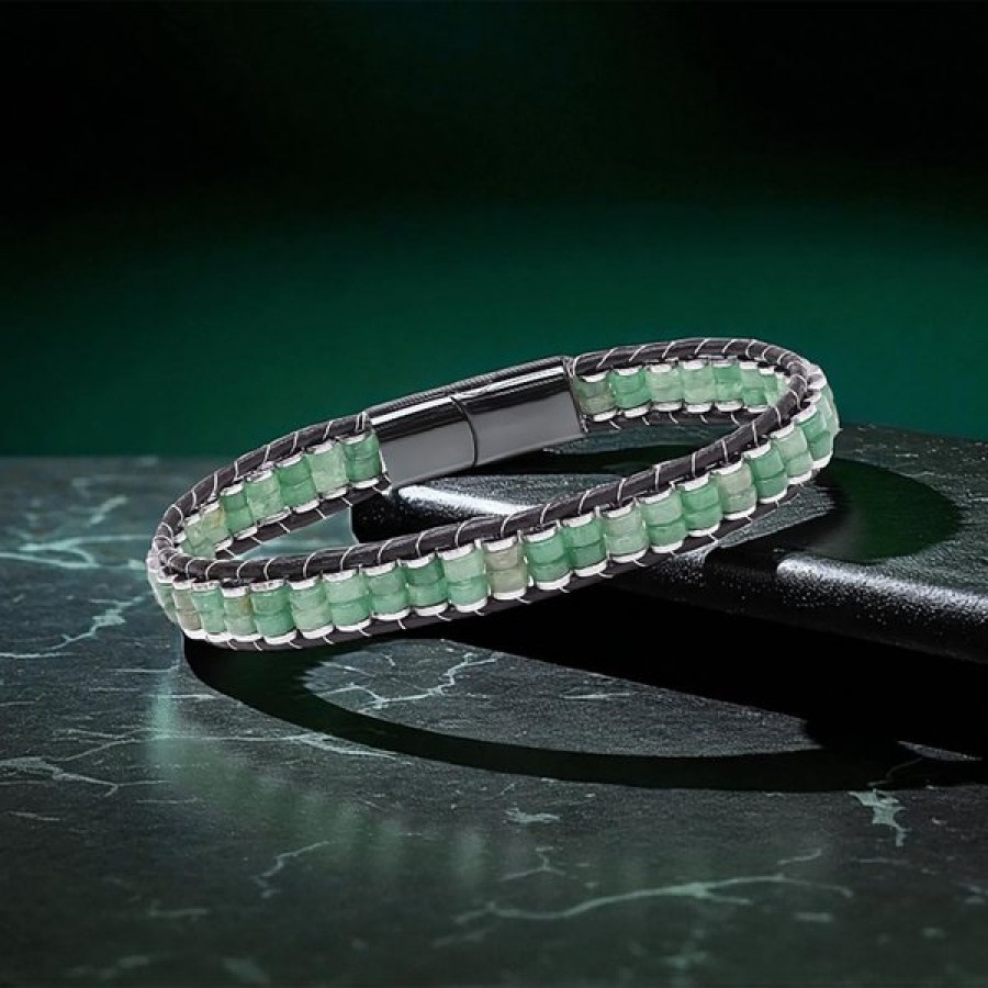 Yeşil Aventurin & Hematit Çelik Örgülü Deri Bileklik