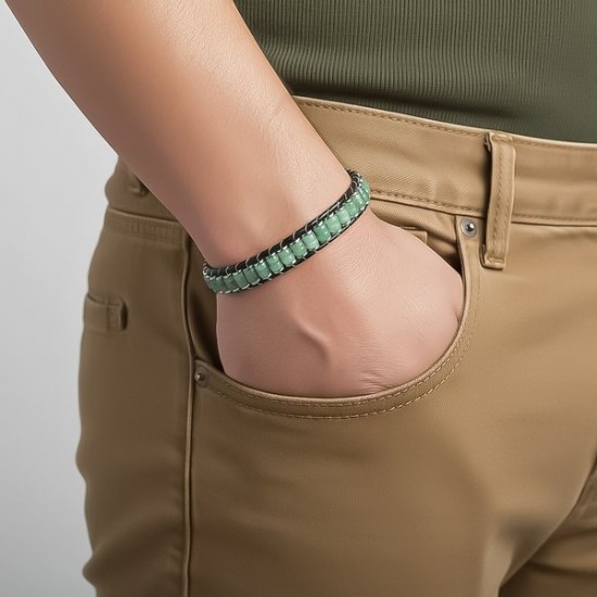 Yeşil Aventurin & Hematit Çelik Örgülü Deri Bileklik