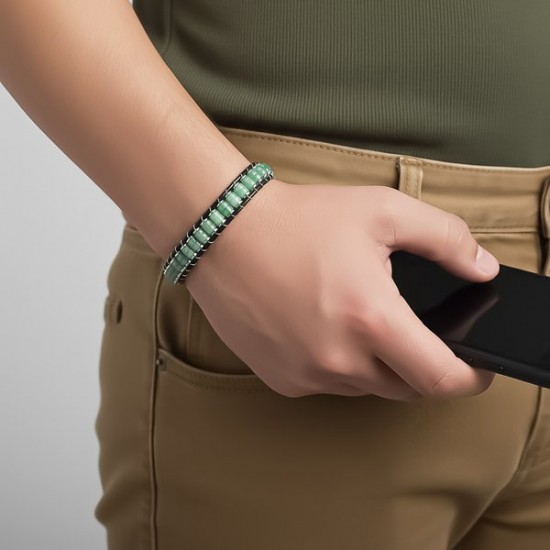 Yeşil Aventurin & Hematit Çelik Örgülü Deri Bileklik