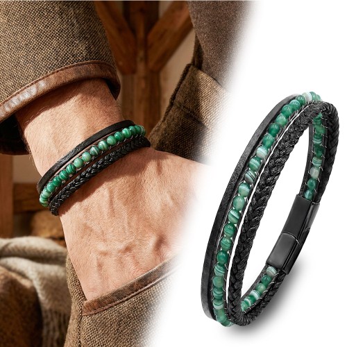 Yeşil Akik Doğaltaş Ve Siyah Çoklu Deri Bileklik