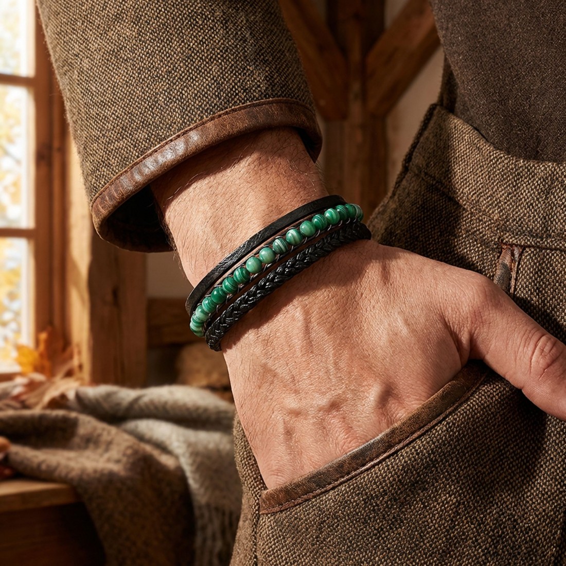 Yeşil Akik Doğaltaş Ve Siyah Çoklu Deri Bileklik