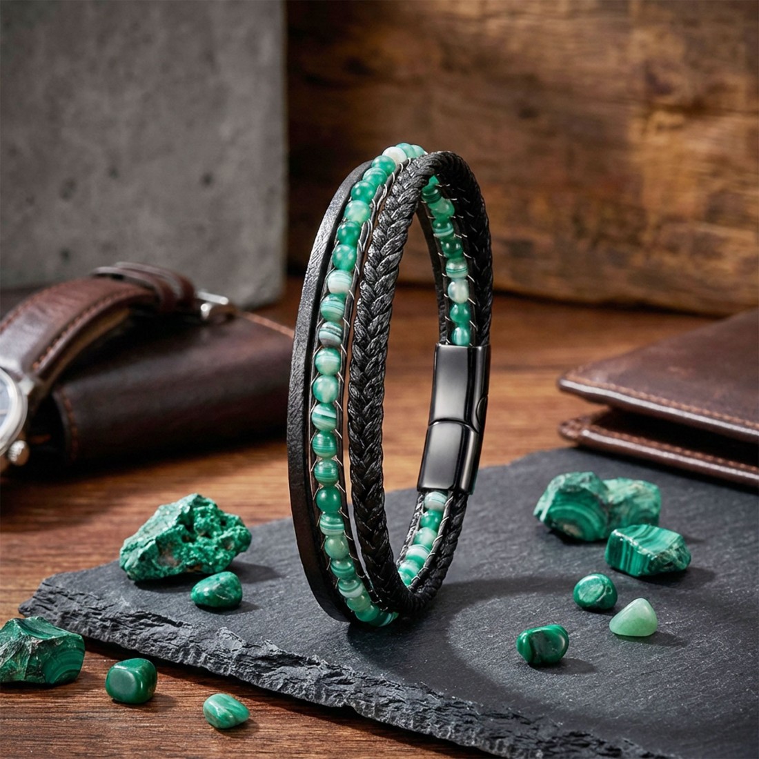 Yeşil Akik Doğaltaş Ve Siyah Çoklu Deri Bileklik