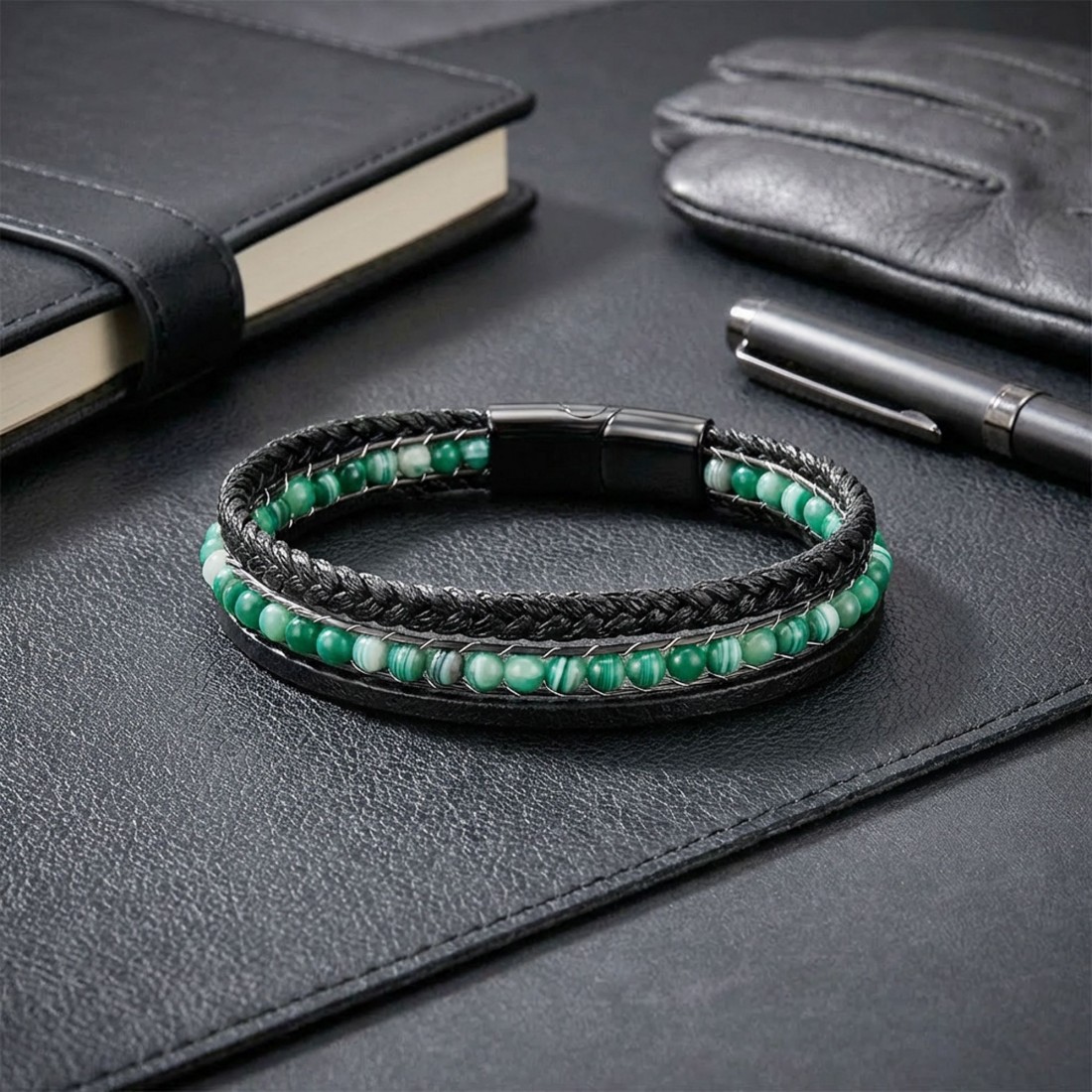 Yeşil Akik Doğaltaş Ve Siyah Çoklu Deri Bileklik