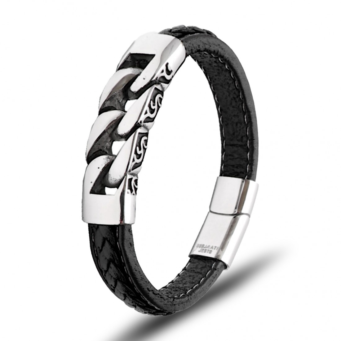 Zincir Motifli 316L Ayar Çelik Ve Orjihnal Deri Billeklik