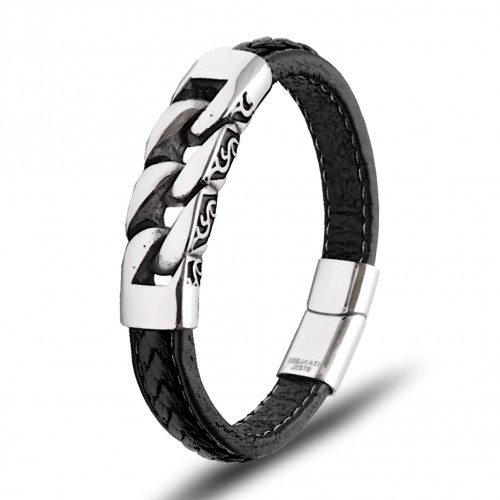 Zincir Motifli Çelik Ve Deri Billeklik