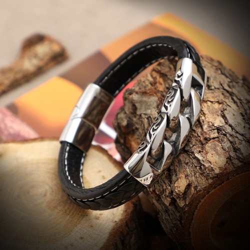 Zincir Motifli Çelik Ve Deri Billeklik