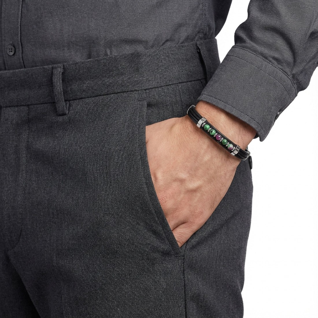 Zümrüt Taşlı Deri Bileklik