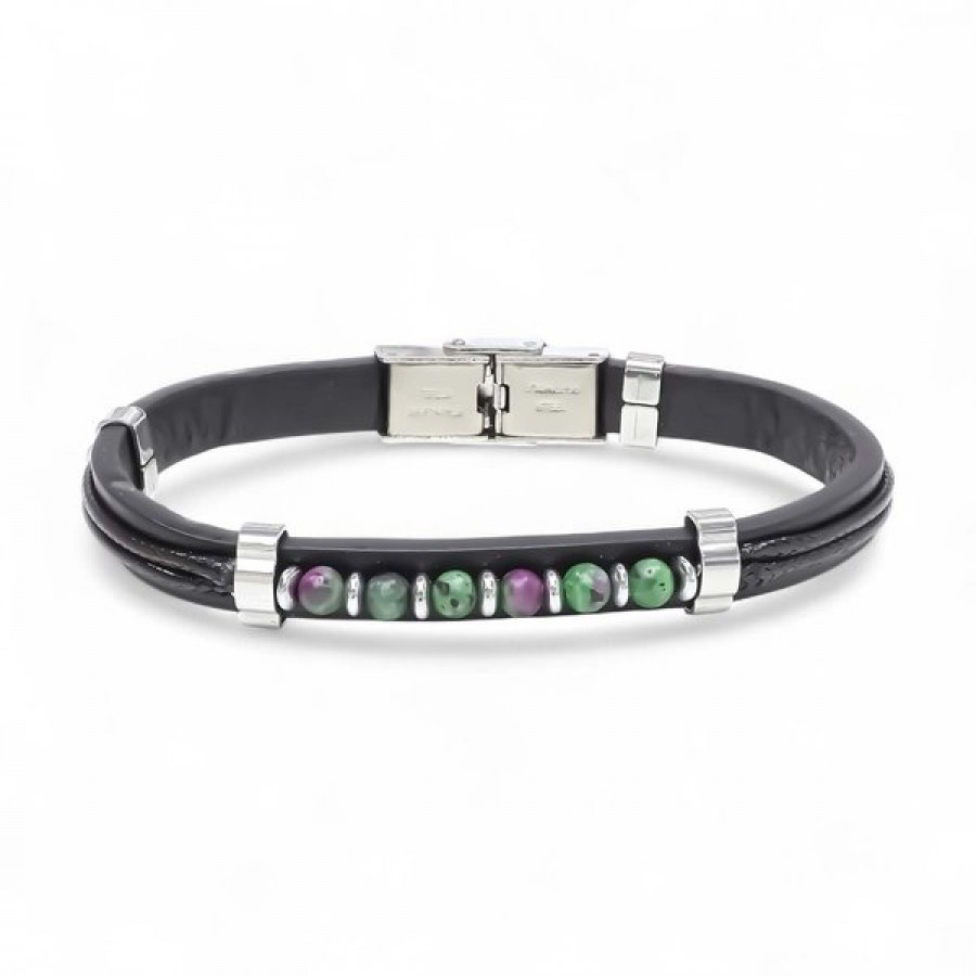 Zümrüt Taşlı Deri Bileklik