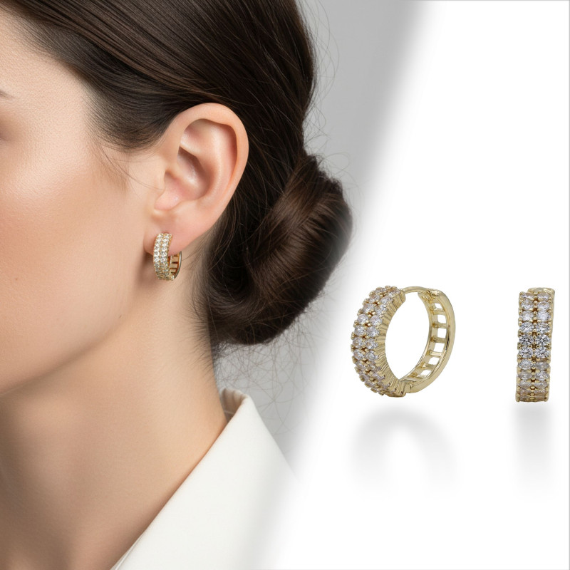 Sıra Taşlı Kalın Halka Model VIP Küpe Beyaz-Sarı
