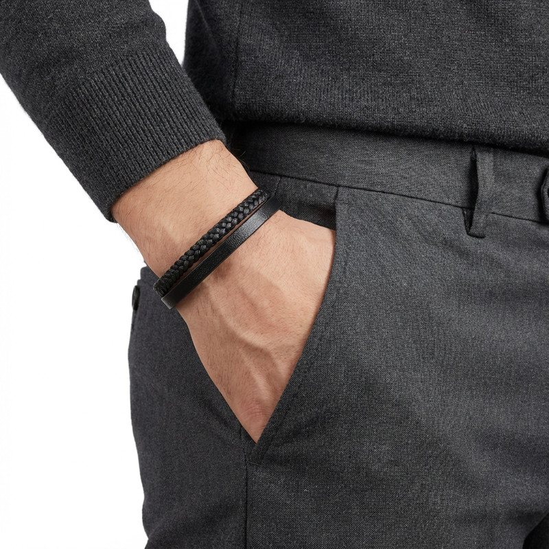 Black Leather and Braided Double Multi-Layer Steel Bracelet