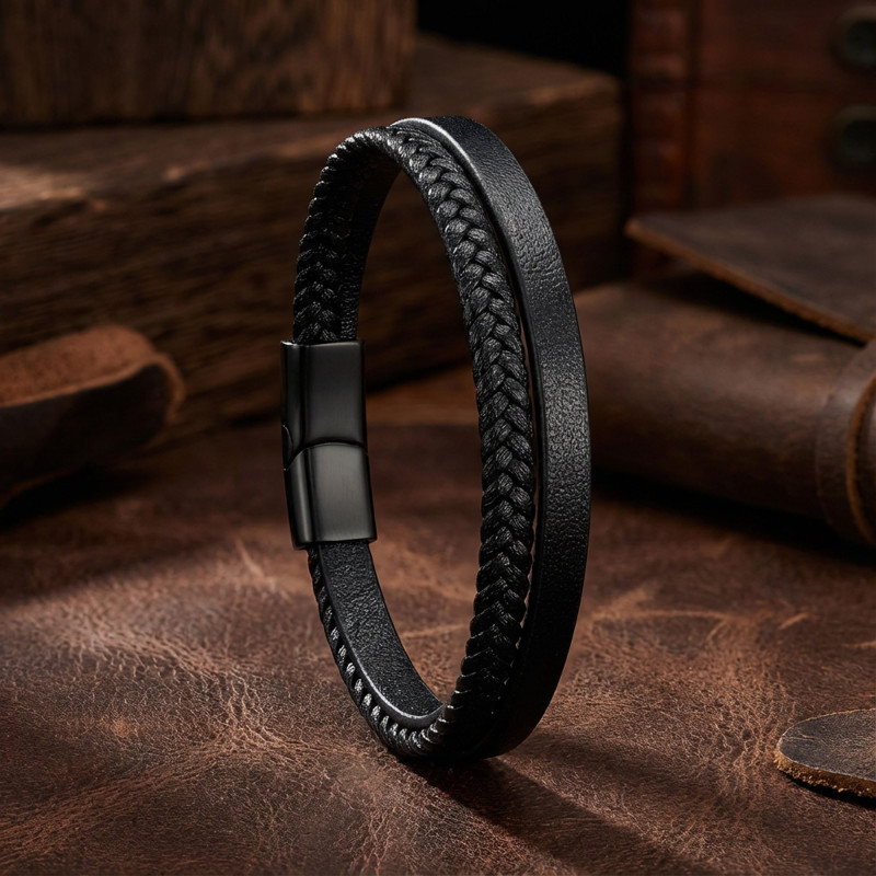 Black Leather and Braided Double Multi-Layer Steel Bracelet