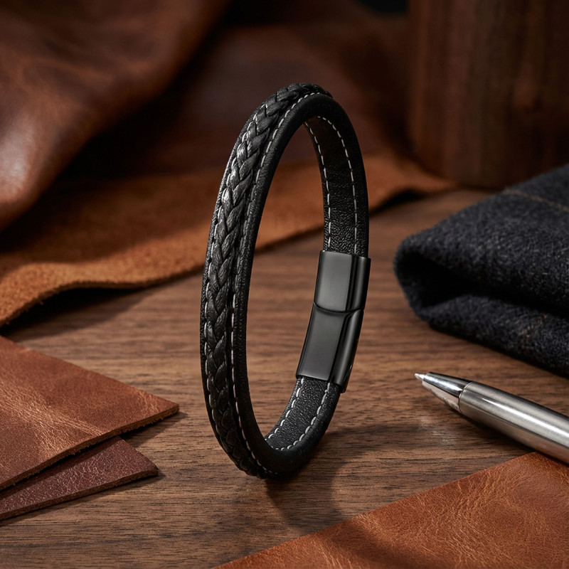 Black Braided Leather Men's Bracelet with Titanium Clasp Black Braided Leather Men's Bracelet with Titanium Clasp