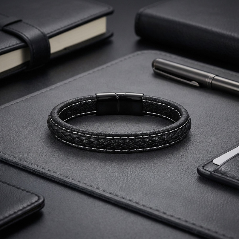 Black Braided Leather Men's Bracelet with Titanium Clasp Black Braided Leather Men's Bracelet with Titanium Clasp