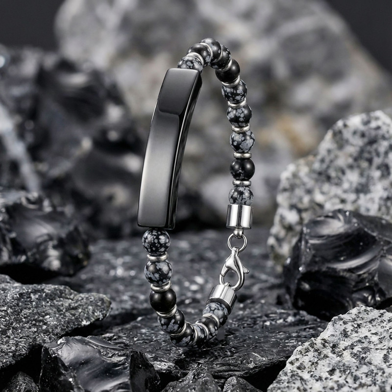 Snowy Obsidian Siyah İsim Yazılabilir Ve Ayarlanabilir Çelik Zincir Bileklik