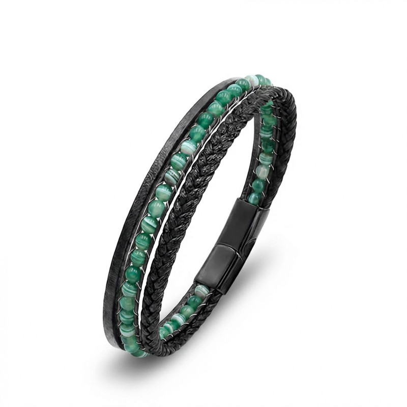 Green Madagascar Stone 316L Steel Clasp Multi-layer Braided Leather Men's Bracelet Green Madagascar Stone 316L Steel Clasp Multi-layer Braided Leather Men's Bracelet